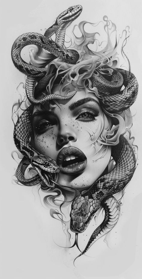 🎁🚀Unlock Amazing Midjourney Prompts - Click on Link in my Bio🔗👈 Owl Neck Tattoo, Medusa Mythology, Eve Tattoo, Medusa Drawing, Barbed Wire Tattoos, Medusa Snake, Drawing Of A Woman, Medusa Tattoo Design, Evil Tattoo