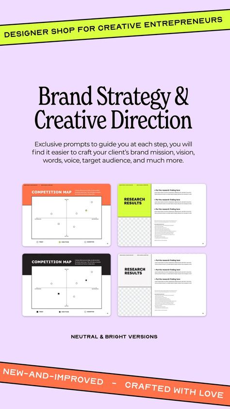 Developing a Brand Strategy may seem really complicated. Still, we are sharing the exclusive strategy template we use with our clients to help you create a clear and concise brand strategy for your clients and make this difficult task easier. This template will be presented to your client in preparation for the design stage. Brand Strategy Templates, Brand Strategy Presentation, Strategy Framework, Strategy Template, Design Stage, Building Brand, Brand Purpose, Entrepreneur Branding, Brand Words