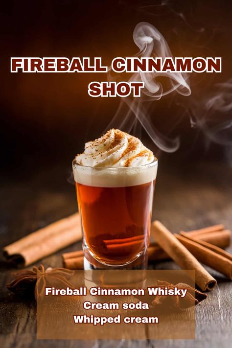 A Fireball Cinnamon Shot with a cinnamon stick garnish, radiating warm colors. Fireball Holiday Drinks, Fireball Shots Recipes, Fireball Punch Recipe, Holiday Shot Recipes, Apple Pie Shots, Fireball Cocktails, Holiday Shots, Fireball Shot, Cookie Shots