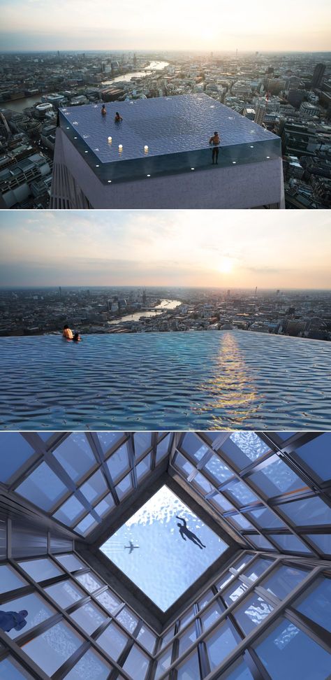 UK-based Compass Pools has revealed plans to build an infinity pool with 360-degree views on the rooftop of a 55-story building. Dubbed the world’s first infinity pool, it will lure everyone interested in swimming high above the city. Rooftop Infinity Pool, London Rooftop, London Rooftops, Infinity Room, Ocean Projects, Stairway Decorating, Pool Images, Pool Pool, Stock Tank Pool