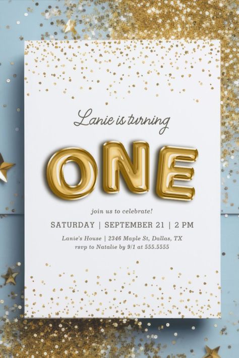 Gold Glitter Foil Balloon 1st Birthday Invitation
Invite friends and family to your little one's 1st birthday party with this gold glitter and foil balloon birthday invitation! #birthday #happybirthday #birthdaycards #birthdayparty #firstbirthday #turningone #elegant Golden 1st Birthday Girl, Golden 1st Birthday, Gold First Birthday, 1st Birthday Invitation, Golden Birthday, Balloon Birthday, Invite Friends, Birthday Invitations Kids, 1st Birthday Invitations