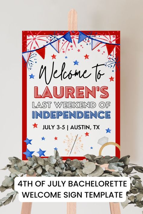 Get your bachelorette party ready for a patriotic celebration in Washington DC with this Fourth of July Bachelorette Party Welcome Sign Template! With its bold red, white, and blue colors, this template is perfect for a Bach bash filled with summer fun and American pride. Red White Blue Wedding, Bachelorette Party Games Drinking, Summer Bachelorette Party, America Theme, Bach Bash, America Birthday, Awesome Bachelorette Party, Party Welcome Sign, Bachelorette Party Planning