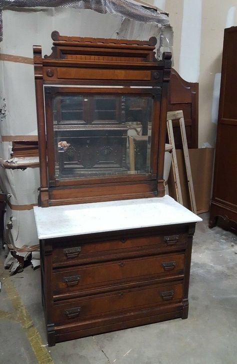 Antique American Victorian Eastlake Walnut Marble Top Dresser With Mirror | eBay Marble Dresser, Eastlake Dresser, Antique Dresser With Mirror, English Cottage Bedroom, Marble Top Dresser, Antique Dressers, Victorian Dressers, Antique Wardrobe, Entryway Mirror