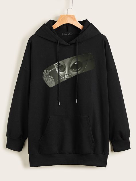 Drop Shoulder Kangaroo Pocket Alien Print Drawstring Hoodie Teddy Hoodie, Sheer Mesh Top, Street Clothes, Dropped Shoulder Sweatshirt, Printed Joggers, Street Outfit, Printed Drawstring, Drawstring Hoodie, Oversized Sweatshirt