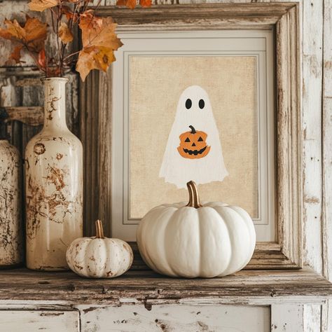 Halloween Sign Decor, Pretty Halloween Decor, Drawing Cottage, Cottage Halloween Decor, Ghost Painting Ideas, Ghost Holding Pumpkin, Minimalist Halloween Decor, Ghost Holding A Pumpkin, Cottage Halloween