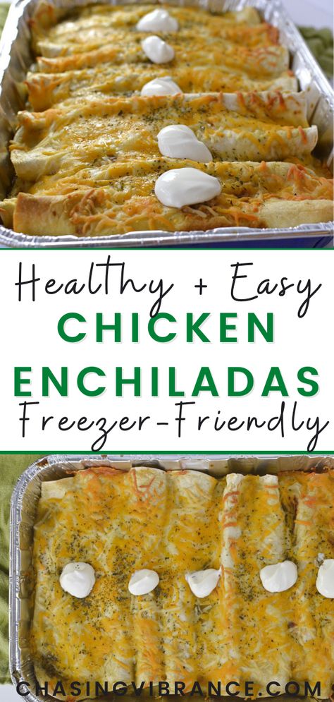 Freezer Friendly Chicken Enchiladas, Chicken Enchiladas To Freeze, Shredded Chicken Recipes Freezer Meals, Freezer Meal Enchiladas, Freezable Enchiladas, Premade Enchiladas, Healthy Chicken Enchilada Bake, White Chicken Enchiladas Freezer Meal, Shredded Chicken Enchiladas Healthy