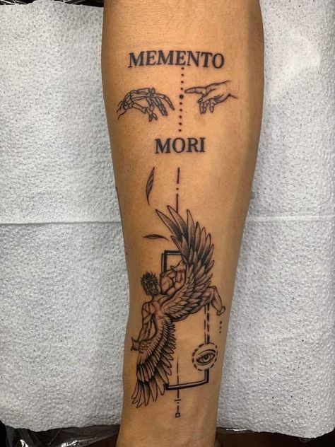 Memento Mori Forearm Tattoo, Greek Tattoo Ideas For Men, Memento Vivere Tattoo, Momento Mori Tattoo, Shin Tattoos, Memento Mori Tattoo, Fallen Angel Tattoo, Simple Forearm Tattoos, Shin Tattoo