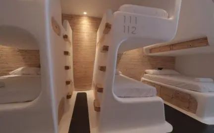 Mycocoon Hostel Mykonos, Mykonos - 2019 Prices & Reviews - Hostelworld Boutique Hostels, Hostels Design, Capsule Hotel, Spaceship Interior, Futuristic Interior, Mykonos Greece, Small Room, Futurism, Futuristic Architecture