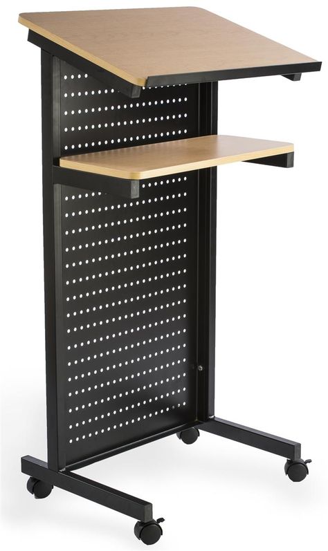 Mobile Podium with Maple Top & 2 Shelves, Locking Casters – Black Bible Stand Ideas, Podium Design Stand, Podium Design Stand Ideas, Diy Podium, School Furniture Design, Flexible Seating Classroom, Podium Design, Stand Feria, Electronic Workbench