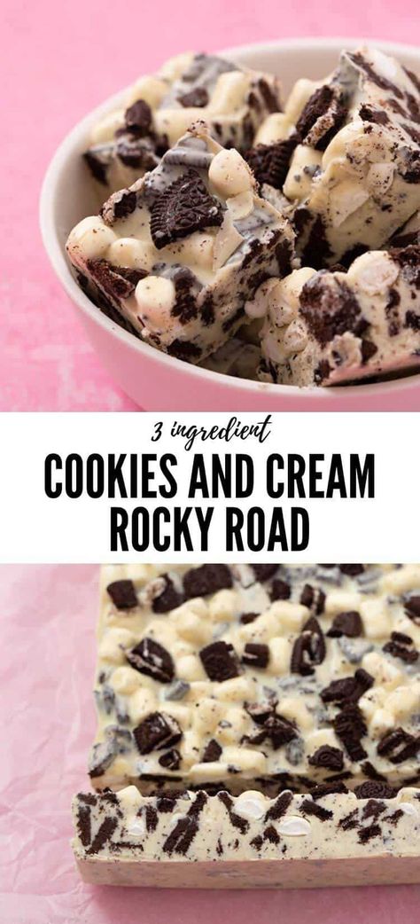 White Chocolate Rocky Road Recipe, Mini Oreo Recipes, Oreo Rocky Road, Rocky Road Bars Marshmallows, Traybake Ideas, Easy 3 Ingredient Cookies, Rocky Road Christmas, Best Rocky Road Recipe, Easy Rocky Road Recipe