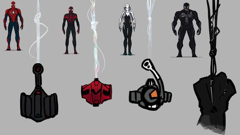 In addition to vehicles, wanted to breakdown some gear too. Here I elaborated on the web shooters of the main Spider folks…some are inspired by movies and or other media. I also wanted each character’s webbing to be unique…kinda like a fingerprint for each character. Parker’s is classic, strong and loose Miles is similar but a bit tighter, and coated with oil/gas type fluid to help conduct electricity Gwen’s is more organic looking And Venom, is well symbiote like Spider Man Web Shooter Design, Spiderman Web Shooter Design, Web Shooters Spiderman, Webshooter Designs, Webshooters Design, Spiderman Variations, Web Shooter Design, Web Shooters Design, Spider Man Web Shooter