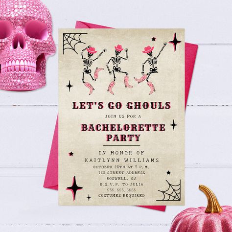 Let's Go Ghouls Halloween Bachelorette Party Invitation Costume Bachelorette Party, Fall Themed Bachelorette Party Ideas, Scary Bachelorette Party, October Bachelorette Party Theme, Halloween Theme Bachelorette, Bachelorette Party Halloween Theme, Lets Go Ghouls Bachelorette, Bachelorette Halloween Theme, October Bachelorette Party Ideas