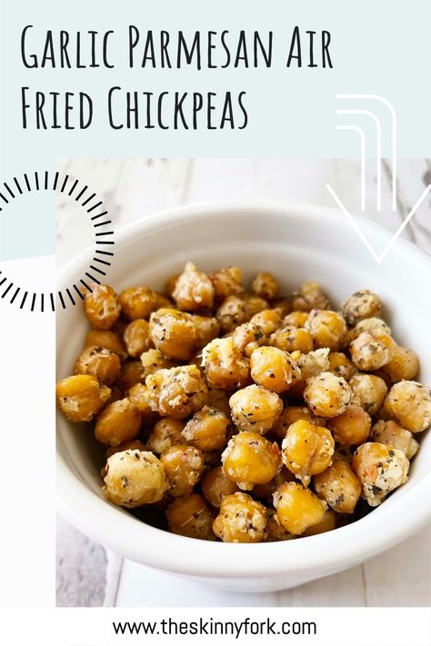 Who's ready for a snack? Check out these Garlic Parmesan Air Fried Chickpeas!Crispy garlic and parmesan covered chickpeas that are perfect for snacking and having as grab-and-go snack! TheSkinnyFork.com | Skinny & Healthy Recipes Air Fried Chickpeas, Chickpeas Crispy, Fried Chickpeas, Chickpea Snacks, Homemade Seasoning, Crispy Garlic, Crispy Cheese, Lost 100 Pounds, Pea Recipes