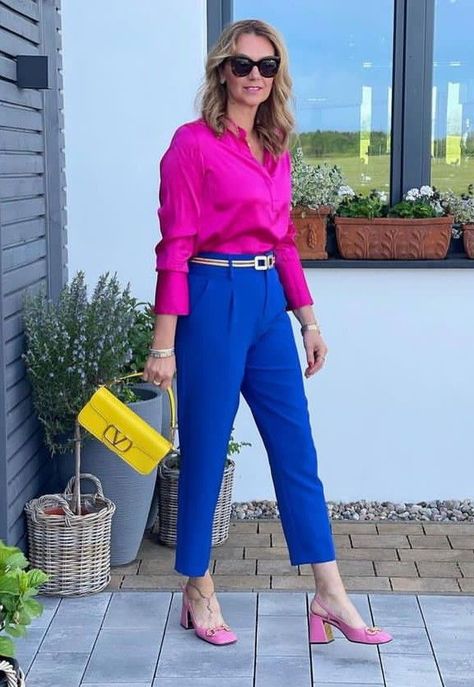 Bright Blue Summer Dress, Royal Blue Work Outfit, Royal Blue Trousers Outfit, Bright Blue Pants Outfit, Hot Pink Pants Outfit Work, Royal Blue Pants Outfit Work, Cobalt Blue Pants Outfit, Royal Blue Pants Outfit, Blue Linen Pants Outfit