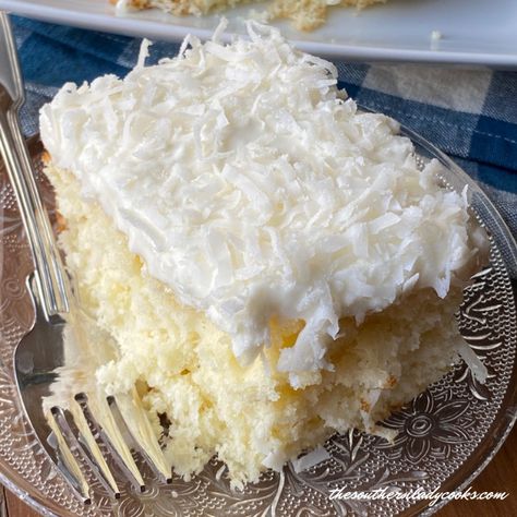 Delicious sour cream coconut cake with coconut frosting Cream Coconut Cake, Sour Cream Coconut Cake, Coconut Sheet Cake, The Southern Lady Cooks, Southern Lady Cooks, Most Popular Desserts, Coconut Cake Recipe, Coconut Frosting, Sour Cream Cake