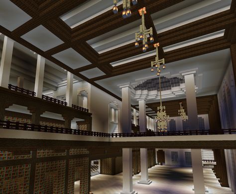 Minecraft Ceiling Light, Minecraft Ballroom, Minecraft Library Build, Minecraft Ceiling, Minecraft Library Ideas, Minecraft Chandelier, Library Minecraft, Minecraft Homes, Minecraft Library