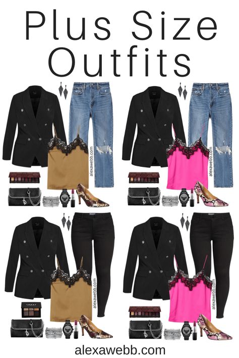 Double Breasted Blazer Outfit Women, Black Blazer With Jeans, Plus Size Black Jeans, Jeans Blazer Outfit, Black Double Breasted Blazer, Black Blazer Outfit, Curvy Casual Outfits, Alexa Webb, Trainers Outfit