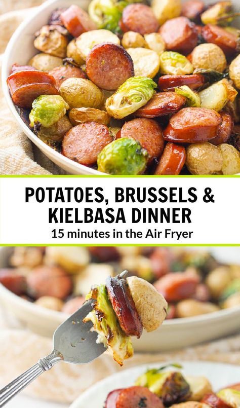 This potatoes & kielbasa dinner is a breeze in the air fryer. Full of flavor and makes for an easy and quick summer dinner with just 4 ingredients! And this easy recipe only takes 20 minutes to make. Kielbasa Dinner, Potatoes Kielbasa, Dinner Air Fryer, Kielbasa Potatoes, Easy One Pan Dinner, Potatoes Dinner, Kielbasa Recipes, Baked Dinner Recipes, Polish Sausage