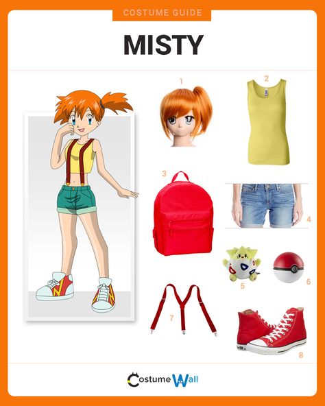 Dress like Misty from the popular TV show and video game, Pokemon. Get cosplay inspiration and more Misty costume ideas. Misty Costume Pokemon, Popular Characters Costumes, Ash And Misty Costume, Misty Pokemon Costume, Misty Costume, Pokemon Trainer Costume, Redhead Costume, Pokemon Halloween Costume, Misty Cosplay