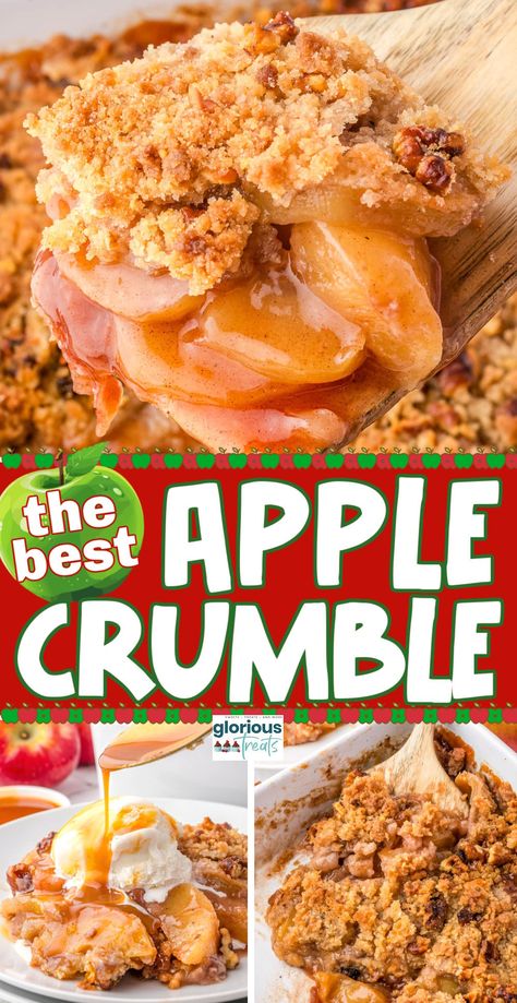 This easy and delicious Apple Crumble recipe has a sweet and spiced apple filling topped with a warm, brown sugar pecan crumble that makes this fall dessert simply irresistible! Ideal for holidays, cozy nights in or family gatherings. Top with a scoop of vanilla ice cream and a little caramel drizzle for an easy dessert that is guaranteed to impress! | GloriousTreats.com Recipe For Apple Crumble, Apple Crumble Topping, Easy Apple Crumble, Apple Desserts Easy, Apple Crumble Recipe, Diy Easy Recipes, Thanksgiving Recipe, Quick Easy Desserts, Crumble Recipe