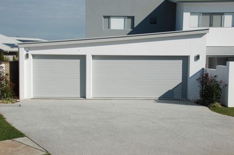 Shale Grey Garage Door, Shale Grey Colorbond Roof, Shale Grey And Surfmist Exterior, Shale Grey Exterior Colour Schemes, Shale Grey Roof Colour Schemes, Shale Grey Exterior, Scandinavian Exterior House Colors, Shale Grey Roof, Colorbond Shale Grey