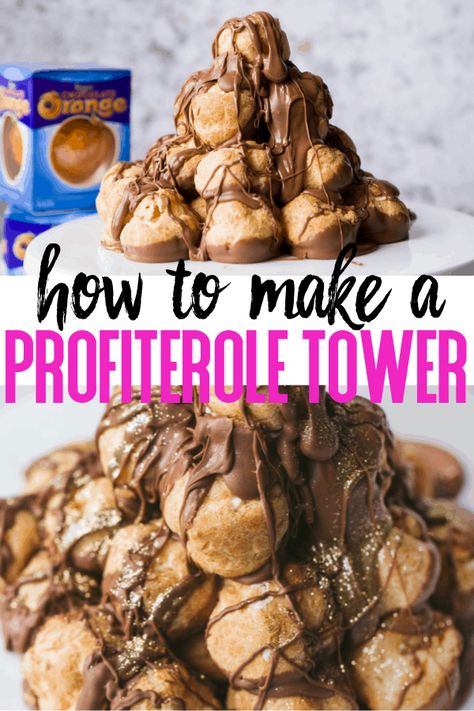 How To Make A Profiterole Tower with Terry's Chocolate Orange and edible gold glitter. The perfect dessert for a special occasion #christmasrecipes #chocolateorange #profiteroles #profiteroletower Profiterole Tower, Quick Party Desserts, Edible Gold Glitter, Chocolate Roulade, Showstopper Dessert, Hot Fudge Cake, Hot Chocolate Fudge, Profiterole, Terry's Chocolate Orange