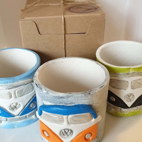 Lovely collection for VW camper van lovers,  handmade using air dry clay and hand painted. Clay Candle Holders, Vw Camper Van, Clay Candle, Vw Campervan, Vw Camper, Dry Clay, Air Dry Clay, Camper Van, Soy Wax Candles