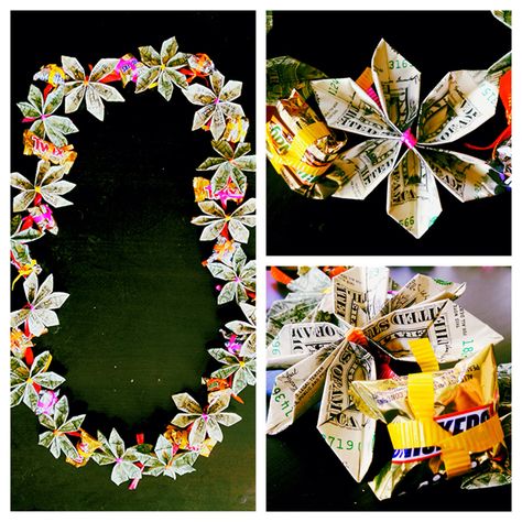 This is a money/candy lei I made for my sister for graduation. Here is the website I used to make the flowers out of dollar bills http://www.homemade-gifts-made-easy.com/origami-money-flowers.html  I then just tied ribbon around the middles and tied them to a thicker ribbon with small pieces of candy inbetween the flowers. Fairly easy but it is time consuming depending on how many flowers you want to make. Artist, me, Rachel Lackowski :) Candy Leis, Money Lei Diy, Graduation Leis Diy, Origami Money, Graduation Money Lei, Candy Lei, Graduation Money Gifts, Diy Graduation Gifts, Money Flowers