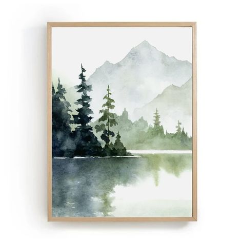 Painting Ideas Horizontal, Green Watercolor Painting, Watercolor Mountain Landscape, Pine Tree Wall, Art Horizontal, Mural Paintings, Green Wall Decor, River Landscape, Grand Art Mural