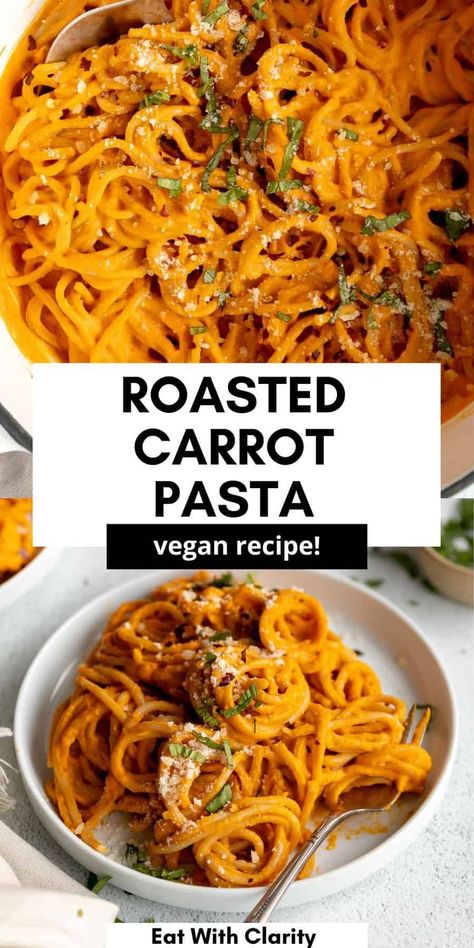 This vegan roasted red pepper and carrot pasta is a healthy way to sneak veggies into your diet! This pasta recipe is made with roasted carrots and is nut free, easy to make and so healthy. Perfect for a quick family dinner. Carrot Pasta, Quick Vegetarian Dinner, Carrot Noodles, Vegan Pasta Sauce, Dairy Free Pasta, Roasted Carrot, Vegan Pasta Recipes, Gluten Free Recipes For Dinner, Roasted Red Pepper