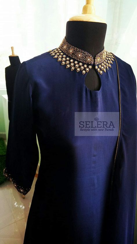 Closed Neck Kurta Designs, Aari Kurti Designs, Collar Neck Designs For Kurti Party Wear, Close Neck Kurti, Closed Neck Kurti Designs, Simple Frock Design, Churidar Designs, Velvet Dress Designs, Simple Kurta Designs