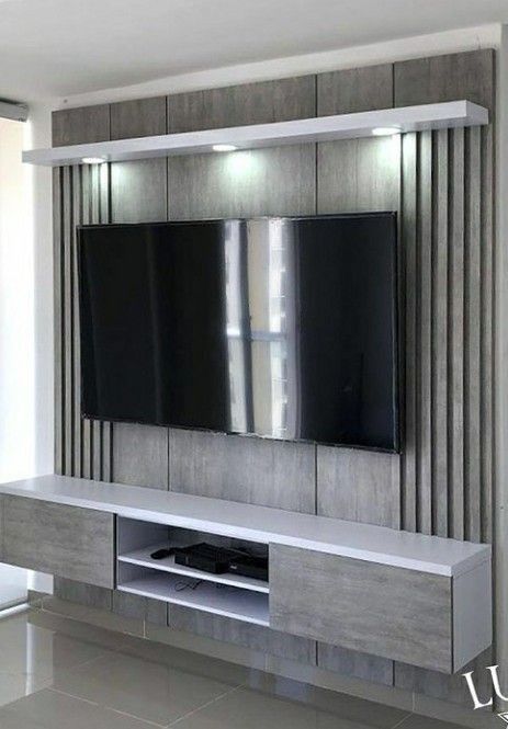 Tv Unit Design Modern For Small Room, Bedrum Wall Decor, Design Tv Wall, Grey Tv Unit, Tv Cabinet Design Modern, Small Room Diy, Tv Wall Ideas, Modern Tv Unit Designs, Tv Unit Furniture Design