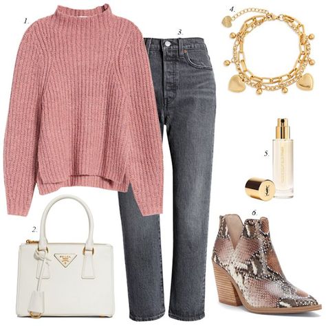 how to style chunky winter turtleneck sweater with grey jeans snake booties white prada bag charm bracelet, women casual winter outfit with ankle booties and grey jeans Style Grey Jeans, Winter Clothes Women Casual, Jeans For Winter, Grey Jeans Outfit, Casual Winter Outfit, White Puffer Jacket, Chunky Turtleneck Sweater, Date Outfit Casual, Outfit Jeans