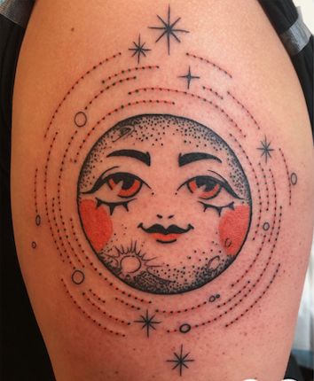 vintage moon Vintage Moon Tattoo, Moon Tattoo Placement, Traditional Moon Tattoo, Traditional Moon, Vintage Moon, Bad To The Bone, Piercing Ideas, American Traditional Tattoo, Neo Traditional