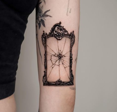 Cloche Tattoo, Victorian Window Tattoo, Cracked Mirror Tattoo, Vampire Aesthetic Tattoo, Ornate Mirror Tattoo, Nihilism Tattoo, Ornate Frame Tattoo, Archway Tattoo, Dark Themed Tattoos