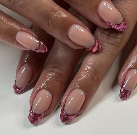 Nails Pink Chrome, Red Almond Nails, Italy Nails, Almond Nails Pink, Coquette Nails, Vibrant Nails, Simple Acrylic Nails, Classy Acrylic Nails, Short Acrylic Nails Designs