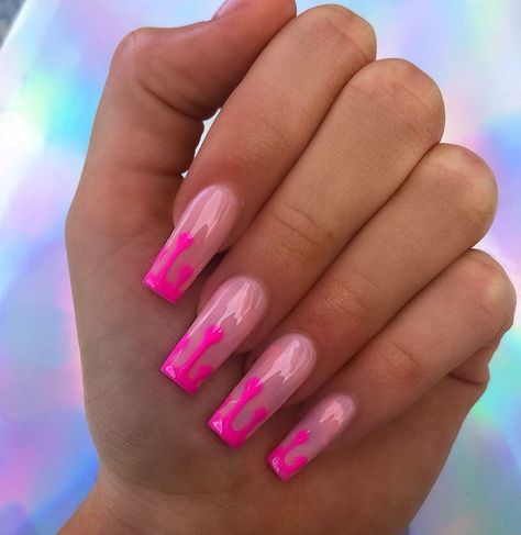 Pink Drip Nails, Pink Tip Nails, Hot Pink Nails, Square Nail Designs, Drip Nails, Short Square Nails, White Acrylic Nails, French Tip Acrylic Nails, Short Square Acrylic Nails