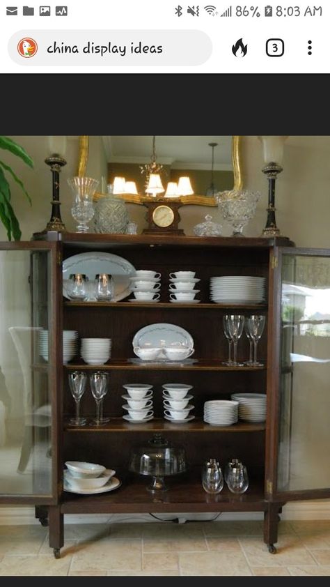 China Display Ideas, Fine China Display, Displaying China, Lagom Decor, Charlie Hunnam Sons Of Anarchy, Wine Hutch, China Cabinet Decor, China Hutch Decor, Modern China Cabinet