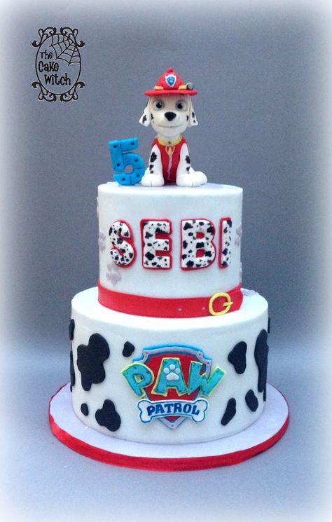 Paw Patrol Birthday cake - Marshal figurine, black, white and red Paw Patrol Birthday Cake Marshall, Marshall Paw Patrol Cake, Pastel Paw Patrol, Red Birthday Cakes, Paw Patrol Birthday Cake, Birthday Cakes For Teens, Black Cake, 4th Birthday Cakes, 21st Birthday Cakes