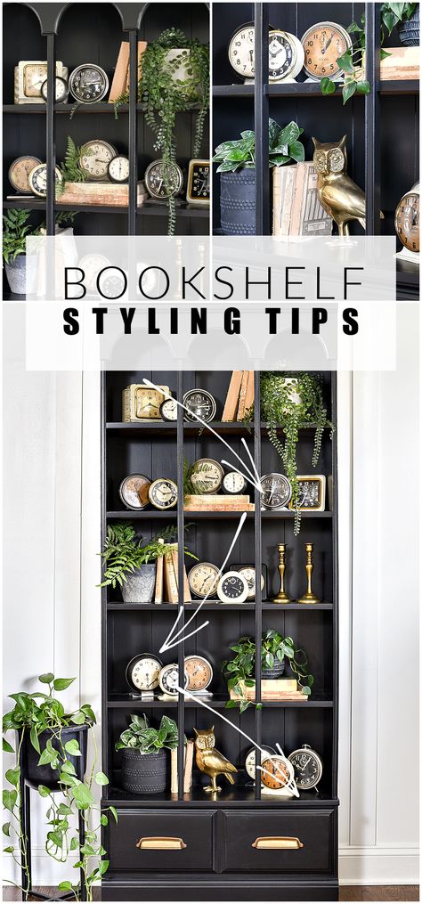 A dated bookcase gets a modern makeover and beautifully styled following simple bookcase styling tips! #furnituremakeover #bookcasestyling Black Bookcase Styling, Arch Bookcase, Simple Green Cleaner, Styling A Bookcase, Bookcase Makeover, Simple Bookcase, Gray Furniture, Black Bookcase, Bookcase Styling