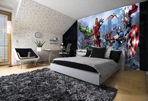 Superheroes are one of those pop culture interests that nobody really grows out of. Even if you don't want to go all out with superhero decor in the living room Bedroom Ideas For Guys, Wallpaper Childrens Room, Boys Bedroom Wallpaper, Comic Wallpaper, Stripped Wallpaper, Disney Bedrooms, Superhero Bedroom, Marvel Avengers Assemble, Dress Tips