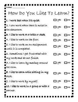 How Do You Like To Learn? beginning of the year "quiz" for students Classroom Organisation Primary, Learning Styles Survey, Student Interest Inventory, Student Interest Survey, Interest Inventory, Teaching Portfolio, Student Survey, First Day Of School Activities, Learning Style