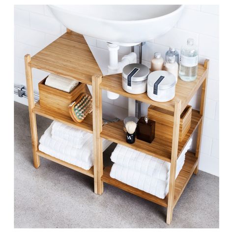 tiny bathroom under the sink storage solution Ragrund Ikea, Lavabo D Angle, Diy Bathroom Storage Ideas, Sink Shelf, Diy Bathroom Storage, Decor Ikea, Decor Baie, Sink Storage, Pedestal Sink