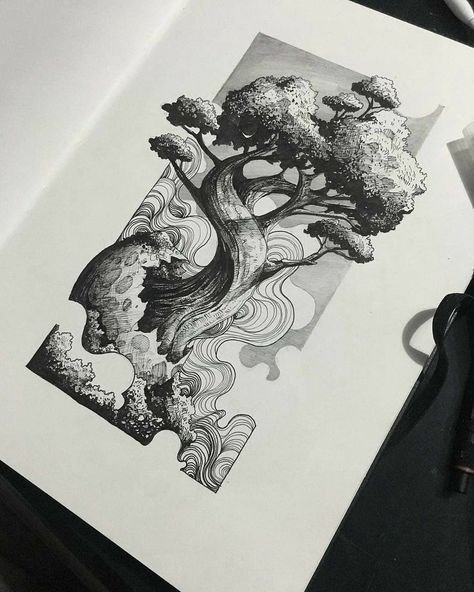 Pen Art Drawings, 3d Drawings, Arte Sketchbook, Pencil Art Drawings, Tree Drawing, Ink Illustrations, Book Art Drawings, Pen Art, Art Drawings Sketches Simple