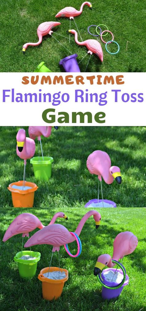 Flamingo Ring Toss Game, Bbq Games Outdoor, Flamingo Activities, Lawn Games For Kids, Flamingo Ring Toss, Diy Lawn Games, Toss Game Diy, Party Games Diy, Games For Kids Outdoor