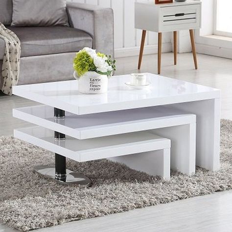 Design Rotating High Gloss Coffee Table In White With 3 Tops. FEATURES: • Material : MDF • Finish: White High Gloss • Design Rotating High Gloss Coffee Table In White With 3 Tops &bu... White Tables, Centre Table Design, Meja Sofa, Center Table Living Room, Coffee Table Design Modern, White Coffee Table, Contemporary Living Room Furniture, Bright Living Room, White Bedroom Furniture