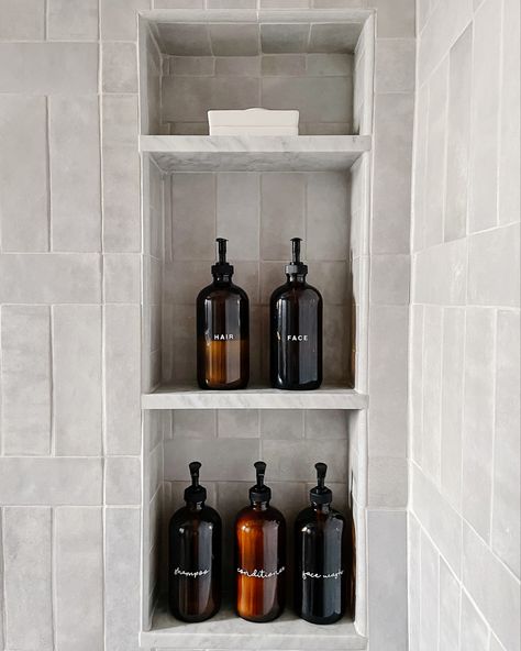 Cloe gray subway tile shower niche with marble shelves Pastel Bathroom Ideas, Shower Niche Tile Ideas, Minimalist Small Bathrooms, Tile Shower Niche, Pastel Bathroom, Walnut Creek California, Niche Wall, Toilet Room Decor, Primary Bath