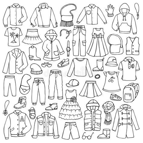 Hand drawn doodle set with childish clothes. Vector illustration for backgrounds #Sponsored , #Sponsored, #paid, #doodle, #Hand, #illustration, #set Clothes Drawing Easy, Clothing Doodles, Clothes Doodle, Childish Clothes, Lettering Outline, Doodle Clothes, Clothes Coloring Pages, Clothes Coloring, Fashion Doodles