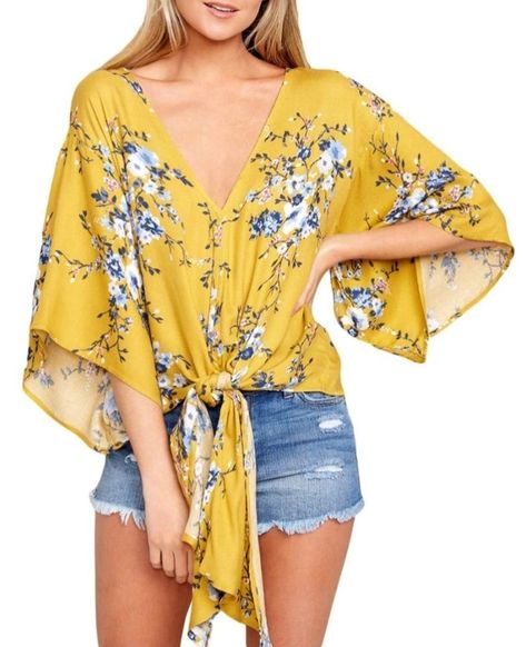 Flower Print Clothes, Flower Print Blouse, Khaki Shirt, Women Floral Blouse, Flare Top, Yellow Blouse, Loose Fitting Tops, Loose Blouse, Floral Print Shorts