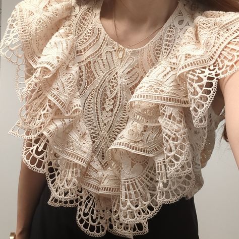 Romantic Lace With Layered Ruffles Throughout The Chest. Blouse Is Unlined; Can Still Be Worn A Single Layer Since Front Ruffles Cover Up The Chest Area. Beautiful Detailing In Different Lace Patterns Is Must Have For All Lace Lovers Xs Pit-To-Pit: 18.5" Length:17.5" S: Pit-To-Pit: 18" Length: 18" M: Pit-To-Pit: 19.5" Length: 18" Zara Lace Blouse, White Dress Shirt Women, Cream Beige Color, Ruffle Lace Top, Cream Lace Top, Organza Sleeves, Blouse Tank Top, Capes For Women, Silky Blouse